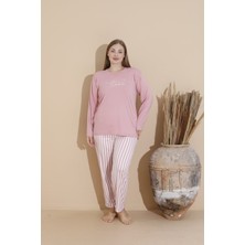 Temporium Kadın Büyük Beden Milan Kumaş Baskılı Desenli Uzun Kollu Bambu Pijama Takımı