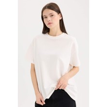 DeFacto Oversize Geniş Kalıp Bisiklet Yaka Basic Düz Kalın Kısa Kollu Beyaz Tişört E4935AX25SP