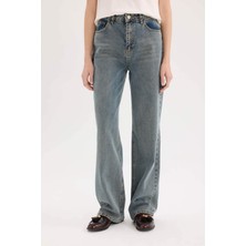 DeFacto Kadın 90's Wide Leg Yüksek Bel Uzun Jean Pantolon Yıkamalı Desenli Model