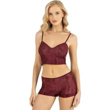 Bordo Saten Şort Takımı 9219