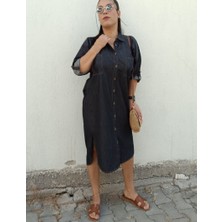 Akşen Giyim Büyük Beden Ince Kot Denim Kumaş Gömlek Yaka Boydan Düğmeli Katlanabilir Kollu Jean Elbise/tunik