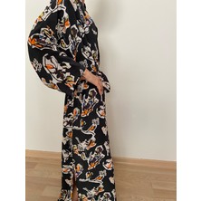 Caelia Design Kadın Koyu Lacivert Zemin Baskı Desenli Ipekli Kumaş Kuşaklı Kimono