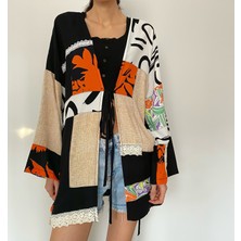 Kadın Oversize Özel Tasarım Patchwork Önden Bağlamalı Kuşaklı Kimono