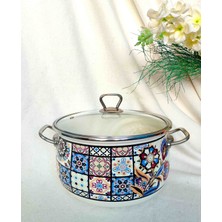 Çini Desen Emaye Lüx Derin Tencere 3750 ml 22 cm Çap Süt Yoğurt Çorba Yoğurt Tenceresi