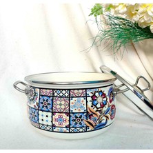 Çini Desen Emaye Lüx Derin Tencere 3750 ml 22 cm Çap Süt Yoğurt Çorba Yoğurt Tenceresi