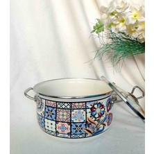 Çini Desen Emaye Lüx Derin Tencere 3750 ml 22 cm Çap Süt Yoğurt Çorba Yoğurt Tenceresi
