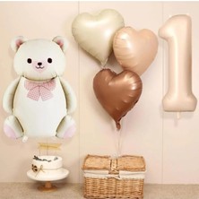 Papyonlu Sevimli Oturan Ayı Retro Kalp Folyolu Krem Yaş Balonlu Doğum Günü Parti Seti Süsü