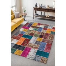 Melaris Halı Vintage Eskitme Patchwork Yıkanabilir Şönil Kilim Pamuk Taban Dokuma Halı Oturma Odası Salon Balkon Mutfak Halısı