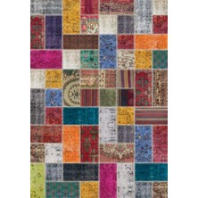 Melaris Halı Vintage Eskitme Patchwork Yıkanabilir Şönil Kilim Pamuk Taban Dokuma Halı Oturma Odası Salon Balkon Mutfak Halısı