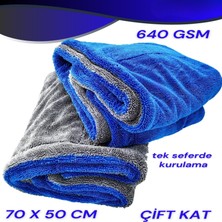 ( 70X50 ) cm Süper Kalın Çift Katman  Mikrofiber Vakum Oto Kurulama Havlu 640 Gsm (Mavigri)