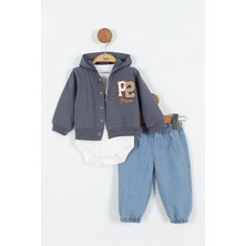 Yeni Yapboz Desenli Pamuk Kapşonlu Zıbın Uzun Kollu Erkek Bebek 3'lü Takım Alt Üst Erkek Bebek Takım