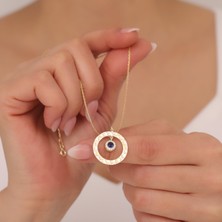 Vaoov 925 Ayar Gümüş Lacivert Taşlı Dokulu Yuvarlak Çerçeve Kolye