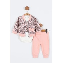 Kedi Desenli Pamuklu Fermuarlı Kapşonlu Zıbın Uzun Kol Kız Bebek 3'lü Takım Alt Üst Kız Bebek Takım