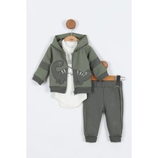 Dinazor Desenli Pamuklu Kapşonlu Zıbın Uzun Kol Erkek Bebek 3'lü Takım Alt Üst Erkek Bebek Takım