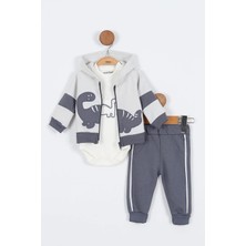 Dinazor Desenli Pamuklu Kapşonlu Zıbın Uzun Kol Erkek Bebek 3'lü Takım Alt Üst Erkek Bebek Takım