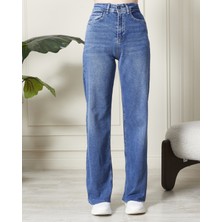 Modaca Kadın Yüksek Bel Boyfriend Mavi Jeans