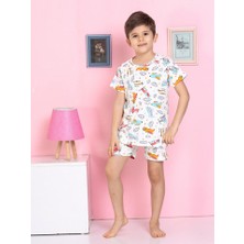 Miny Kids Helikopter Desenli Fitilli Kumaş Beyaz Şortlu Pijama Takımı