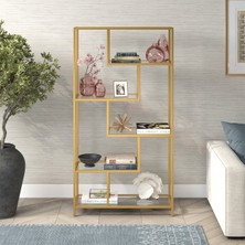Tolia Home Modern 6 Raflı Gold Renk Metal Iskeletli Cam Raflı Aksesuar Rafı Kitaplık