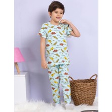 Miny Kids Dinozor Desenli Fitilli Kumaş Mavi Pijama Takımı