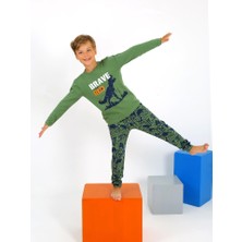 Miny Kids Dinozor Desen Yeşil %100 Pamuklu Erkek Çocuk Pijama Takım