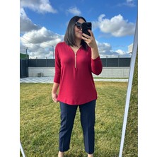 Charamela Kadın Büyük Beden Triko Görünümlü Örme Fermuar Detaylı BLUZ-BGB100