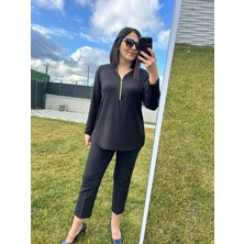 Charamela Kadın Büyük Beden Triko Görünümlü Örme Fermuar Detaylı BLUZ-BGB99
