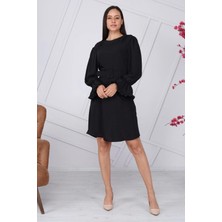 Apsen Kadın Siyah Kemer Detaylı Volan Kol Midi Elbise 4078-100