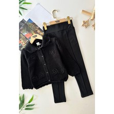 Miniğimin Cicileri Örme Triko Çiçek Detaylı Taytlı takım - Siyah