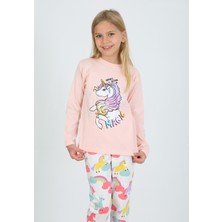Vitmo Kız Çocuk Uzun Kollu  Pamuklu Pijama Takımı Happines Somon
