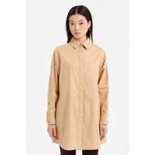Nihan Kolları Düğmeli Açılımlı Poplin Gömlek Tunik  Camel