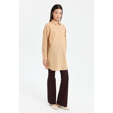 Nihan Kolları Düğmeli Açılımlı Poplin Gömlek Tunik  Camel