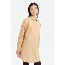 Nihan Kolları Düğmeli Açılımlı Poplin Gömlek Tunik  Camel