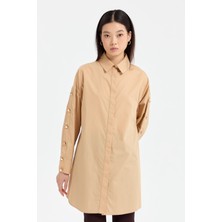 Nihan Kolları Düğmeli Açılımlı Poplin Gömlek Tunik  Camel
