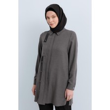 Nihan Deri Detaylı Gömlek Yaka Tunik  Füme