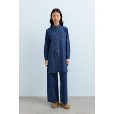 Nihan Nakış Detaylı Metal Aksesuarlı Denim Tunik  Indigo