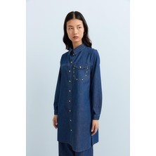 Nihan Nakış Detaylı Metal Aksesuarlı Denim Tunik  Indigo