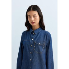 Nihan Nakış Detaylı Metal Aksesuarlı Denim Tunik  Indigo