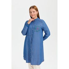 Nihan Büyük Beden Cebi Nakışlı Tencel Tunik  Indigo