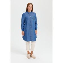 Nihan Büyük Beden Cebi Nakışlı Tencel Tunik  Indigo