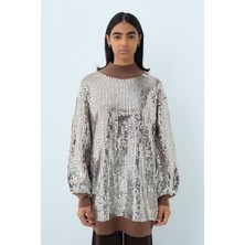 Nihan Önü Payetli Triko Tunik  Kahve