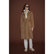 Nihan Kuşaklı Torba Cepli %100 Yün Kaban  Vizon