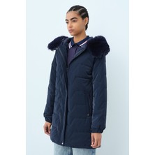 Nihan Seyyar Kürklü Kapşonlu Kapitone Kaban  Lacivert