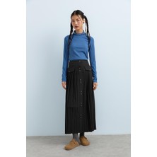 Nihan Önden Düğmeli Piliseli Etek  Füme