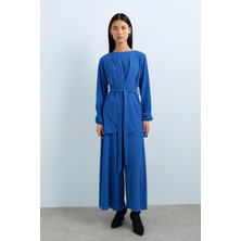 Nihan Kuşaklı Pantolon Tunik Takım  Saks
