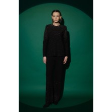 Nihan Parlak Taş Baskılı Triko Pantolon Tunik Takım  Siyah