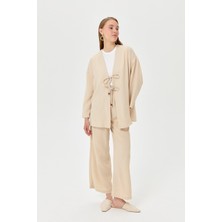Nihan Keten Bağcık Detaylı Kimono Pantolon Takım  Bej