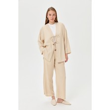 Nihan Keten Bağcık Detaylı Kimono Pantolon Takım  Bej