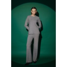 Nihan Parlak Taş Baskılı Triko Pantolon Tunik Takım  Gri