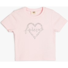 Koton Taş Detaylı Kalp Baskılı Bisiklet Yaka Pamuklu Kısa Kollu Tişört