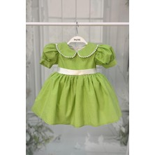 Bertuğ Bebek Bebe Yaka Dantelli Kız Çocuk Bebek Puantiyeli Pamuklu Yeşil Elbise